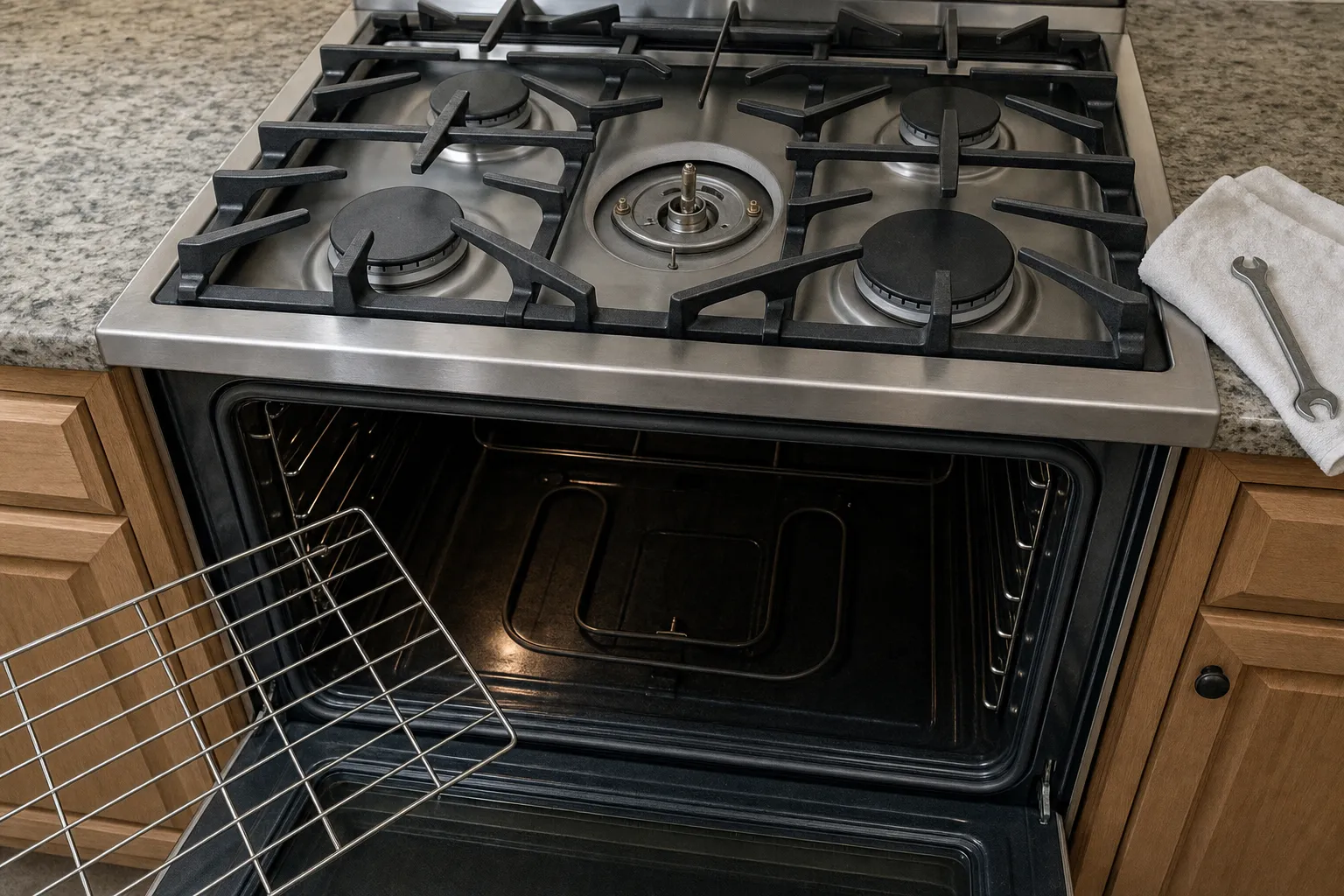 Gas cooktop from above, four sealed burners plus a centre burner stripped down to its base