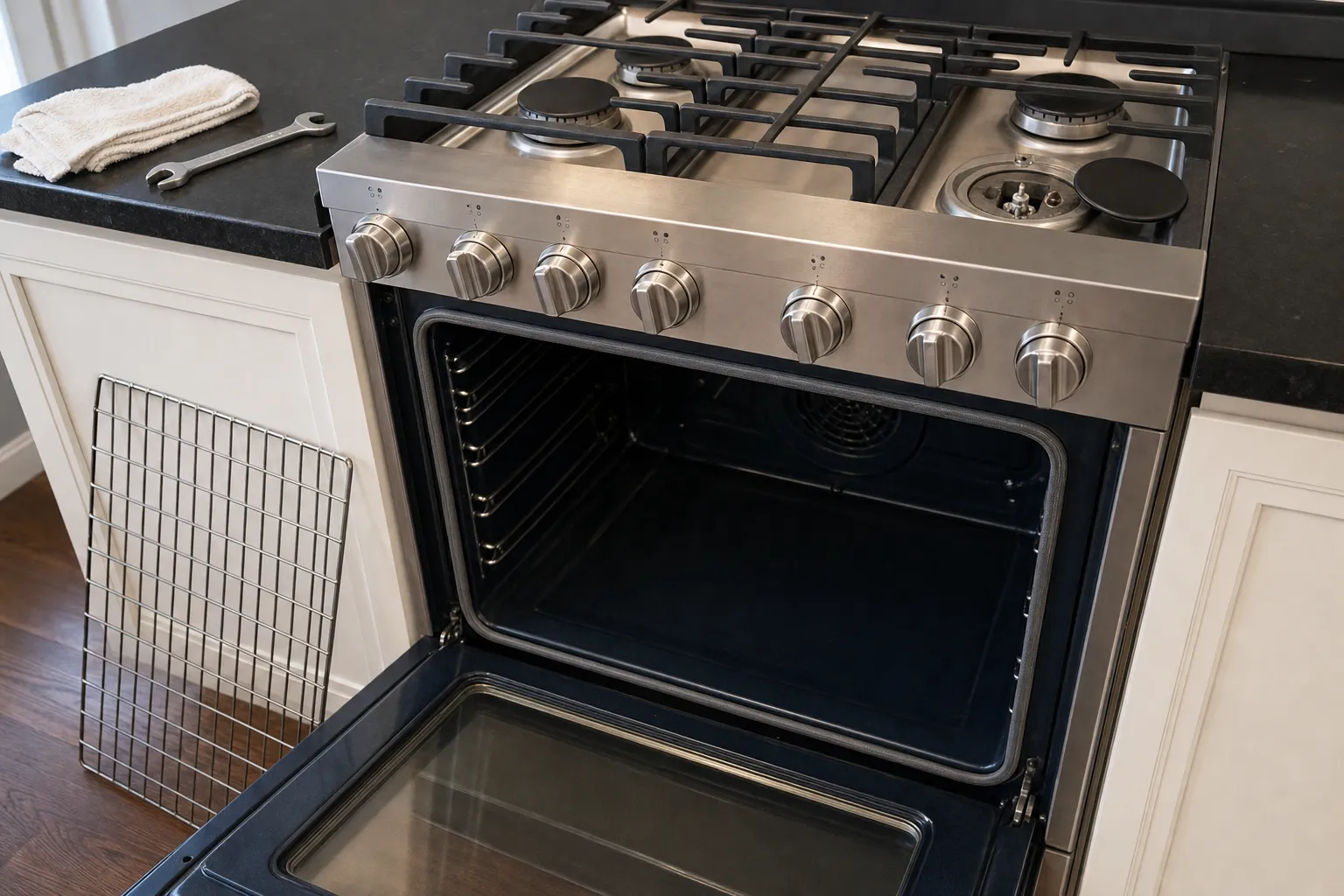 Open oven cavity on a stainless range, empty, convection fan cover visible on the back wall