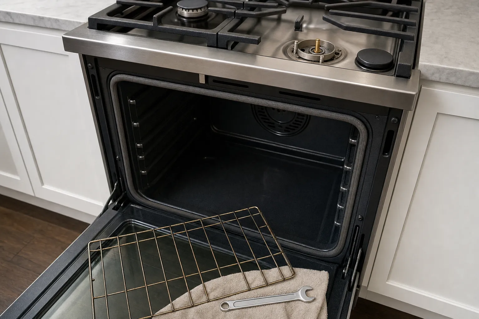 Open oven on a stainless range showing the woven gasket around the cavity opening and the round fan cover at the back, a rack and wrench laid on the door