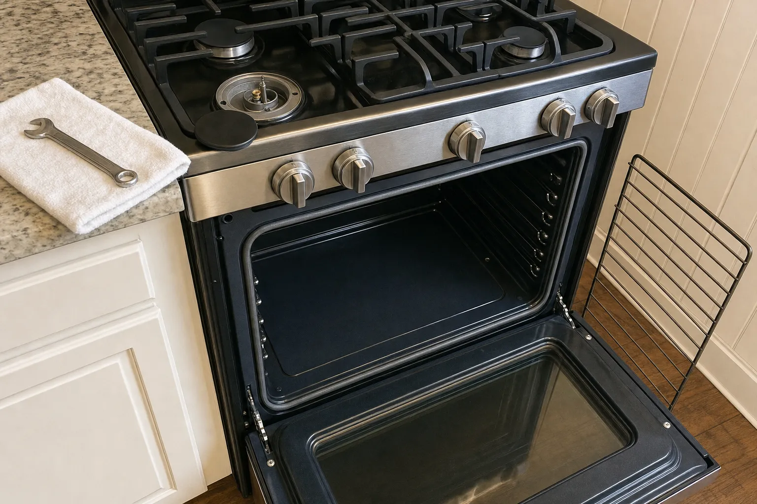 Five-knob range with a brushed stainless control panel over a dark body, the oven door lowered flat on its hinge arms, the front left burner bare to its electrode and a wrench on a towel on the granite counter